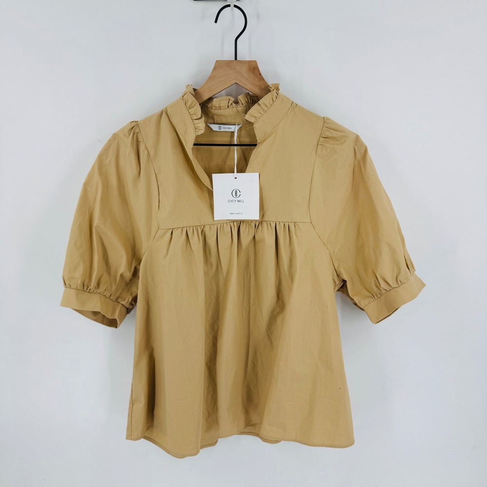 Cicy Bell Tan Babydoll Peasant Top NWT Size S Ruffle Puff Sleeve Neutral Capsule - Picture 10 of 10